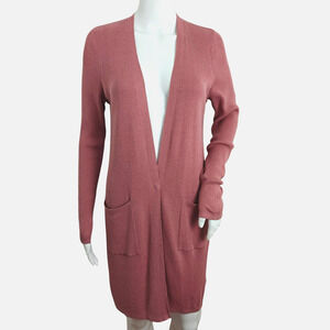 J Jill Rib Knit Open Cardigan Sweater Size XS Dusty Rose Pockets Longline NWT